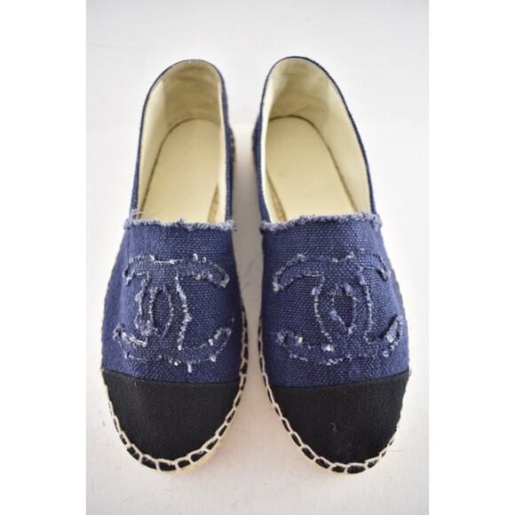 Chanel REV Blue Black Linen Canvas CC Logo Double Sole Espadrille Flat 37 RARE - Picture 8 of 14